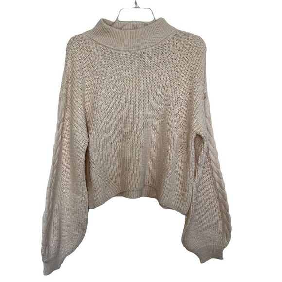 BP Cable Knit Balloon Sleeve Sweater In Beige Oatmeal Light Heather - Picture 2 of 9